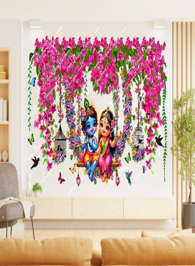 DivineDesigns ملصق حائط ذاتي اللصق من الفينيل PVC من DivineDesigns، بتصميم قفص زهور وردية صيفية ورادا كريشنا، لتزيين المنزل/غرفة المعيشة (متعدد الألوان) - Image 2